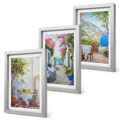 Charming streets with flowering plants and sea views framed triptych