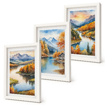Photo frame wall Autumn mountain landscapes with a river and a cottage by the water