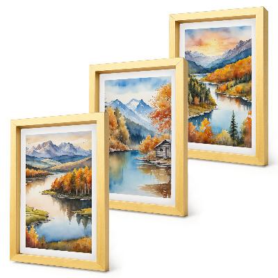 Photo frame wall Autumn mountain landscapes with a river and a cottage by the water