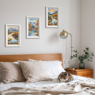 Photo frame wall Autumn mountain landscapes with a river and a cottage by the water
