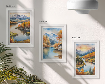 Photo frame wall Autumn mountain landscapes with a river and a cottage by the water