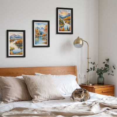 Photo frame wall Autumn mountain landscapes with a river and a cottage by the water