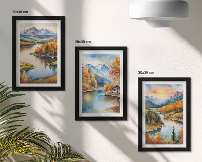 Photo frame wall Autumn mountain landscapes with a river and a cottage by the water