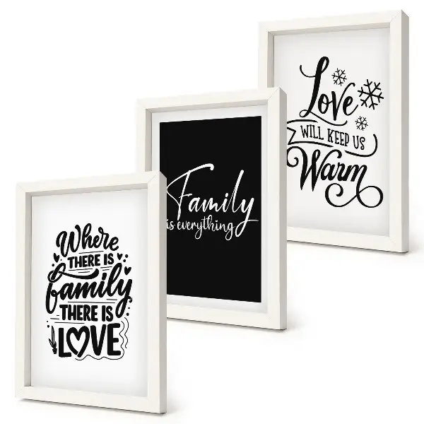 Framed triptych wall art featuring inspirational quotes about family love warmth and home