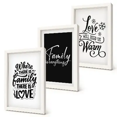 Framed triptych wall art featuring inspirational quotes about family love warmth and home