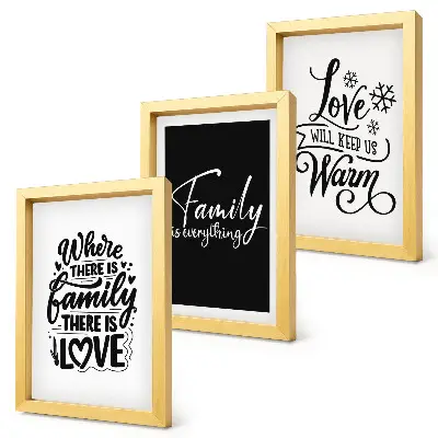 Framed triptych wall art featuring inspirational quotes about family love warmth and home