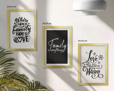 Framed triptych wall art featuring inspirational quotes about family love warmth and home
