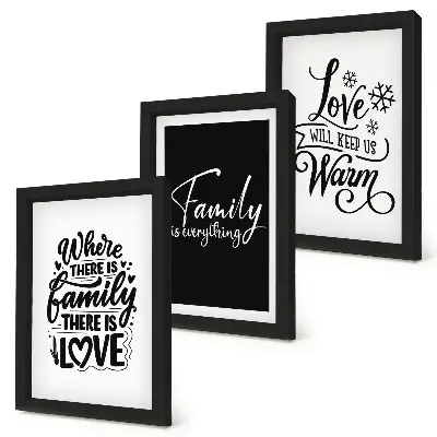 Framed triptych wall art featuring inspirational quotes about family love warmth and home