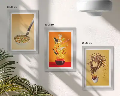 Kitchen food and drink themed triptych framed wall art set