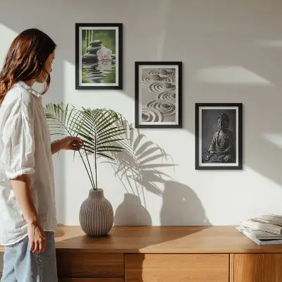 Buddha and bamboo beach triptych framed wall art
