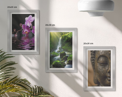 Framed triptych Flowers in the water waterfall with green rocks Buddha