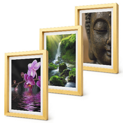Framed triptych Flowers in the water waterfall with green rocks Buddha
