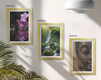 Waterfall and lotus flowers triptych wall art framed