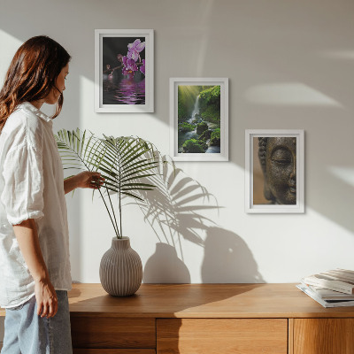 Framed triptych Flowers in the water waterfall with green rocks Buddha