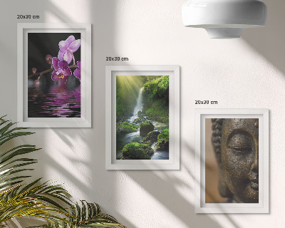 Framed triptych Flowers in the water waterfall with green rocks Buddha