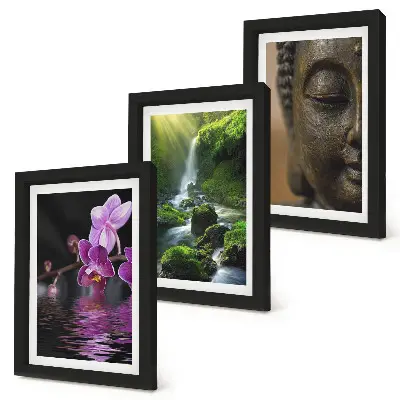 Waterfall and lotus flowers triptych wall art framed