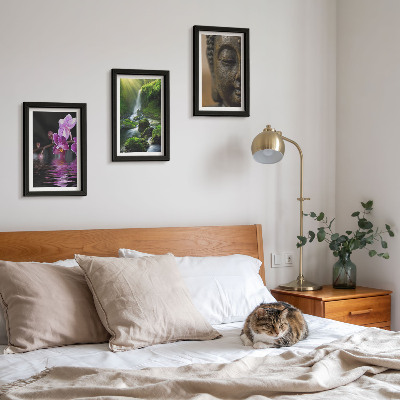 Framed triptych Flowers in the water waterfall with green rocks Buddha
