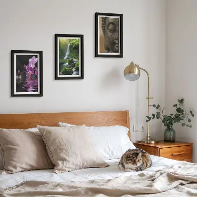 Waterfall and lotus flowers triptych wall art framed