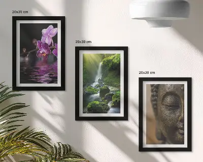 Waterfall and lotus flowers triptych wall art framed