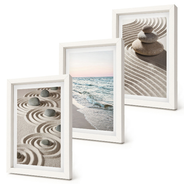 3-piece wall art set Calm waves of sand and water with stones on the beach