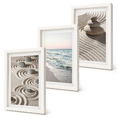 3-piece wall art set Calm waves of sand and water with stones on the beach