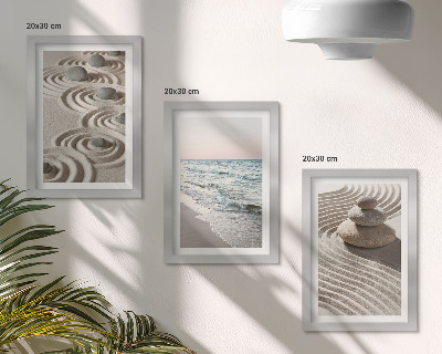 3-piece wall art set Calm waves of sand and water with stones on the beach