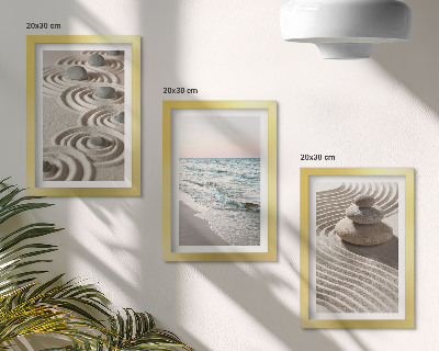 3-piece wall art set Calm waves of sand and water with stones on the beach