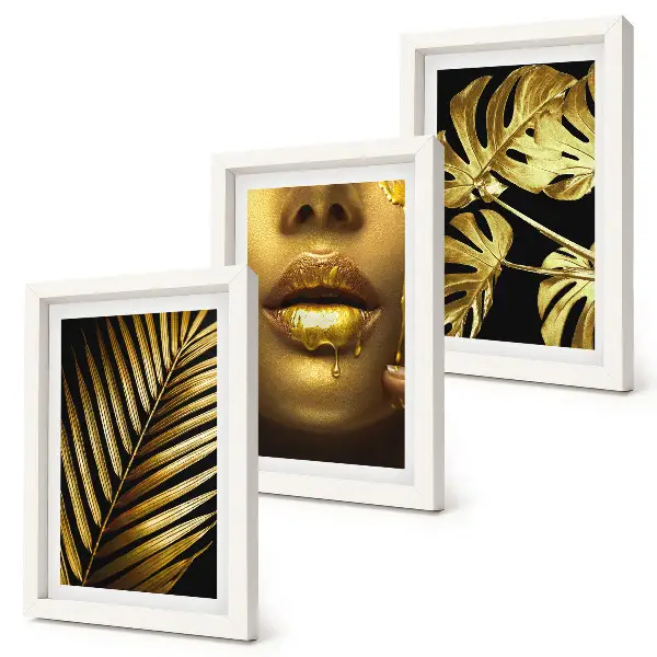 Framed triptych palm leaves and woman's face with monstera leaves