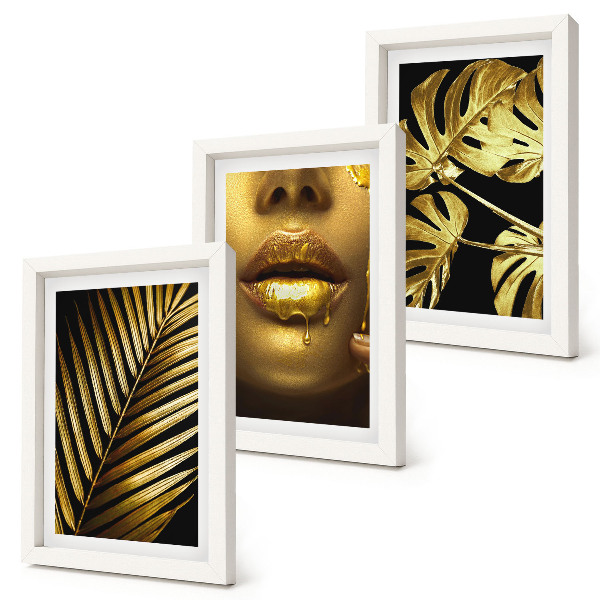 Framed triptych Palm leaves woman's face monstera leaves