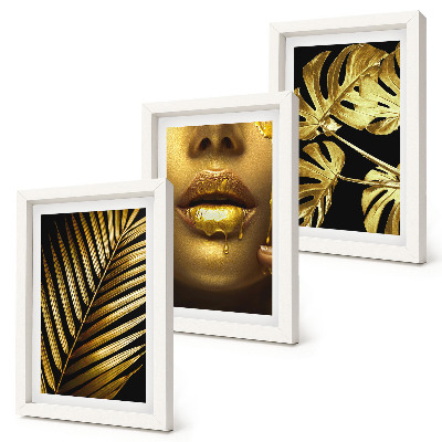 Framed triptych Palm leaves woman's face monstera leaves