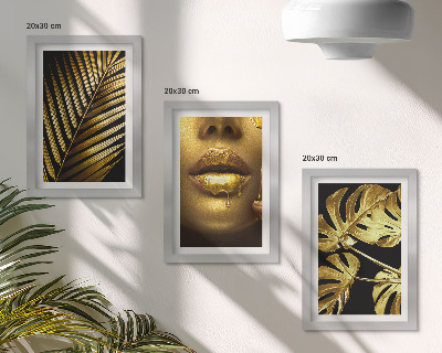 Framed triptych Palm leaves woman's face monstera leaves