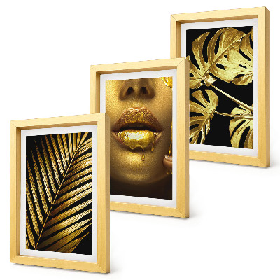 Framed triptych Palm leaves woman's face monstera leaves