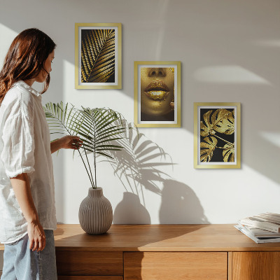 Framed triptych Palm leaves woman's face monstera leaves