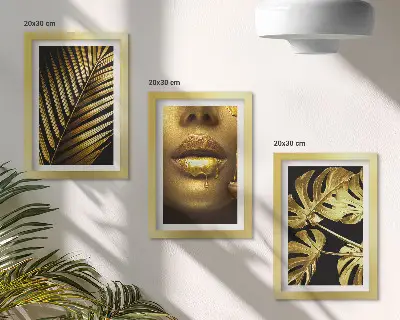 Framed triptych palm leaves and woman's face with monstera leaves