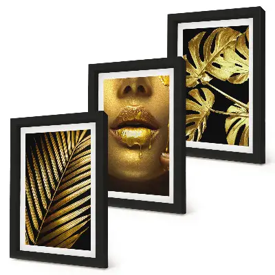 Framed triptych palm leaves and woman's face with monstera leaves