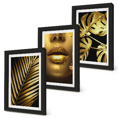 Framed triptych Palm leaves woman's face monstera leaves