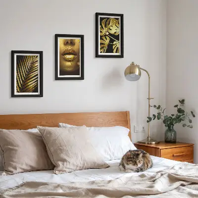 Framed triptych palm leaves and woman's face with monstera leaves