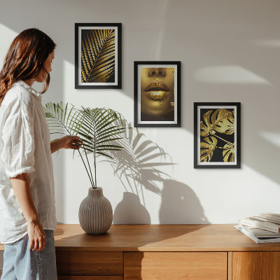 Framed triptych Palm leaves woman's face monstera leaves