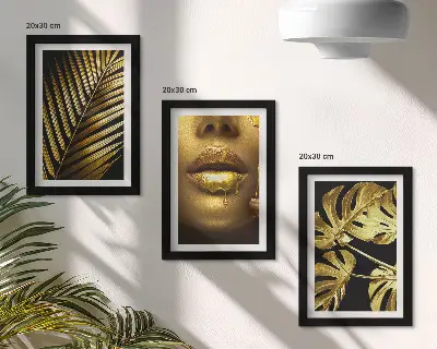 Framed triptych palm leaves and woman's face with monstera leaves