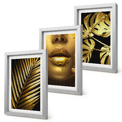 Framed triptych Palm leaves woman's face monstera leaves