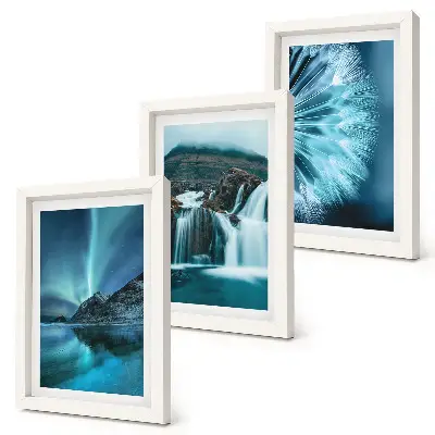 Photo frame wall with winter landscapes showing waterfalls and aurora borealis