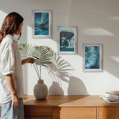 Photo frame wall Winter landscapes with waterfalls and aurora borealis