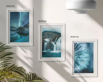 Photo frame wall with winter landscapes showing waterfalls and aurora borealis