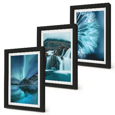 Photo frame wall with winter landscapes showing waterfalls and aurora borealis