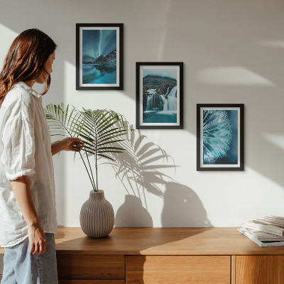 Photo frame wall Winter landscapes with waterfalls and aurora borealis