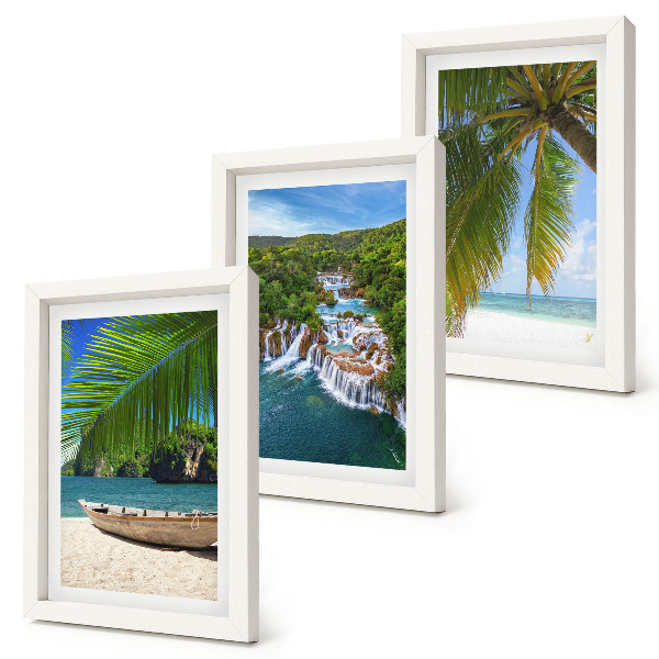 Framed triptych Beach with boat, waterfalls and palm trees in the tropics