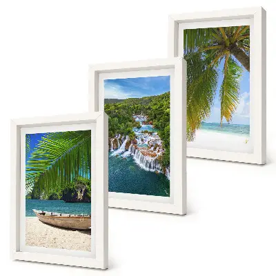 Beach with boat, waterfalls and palm trees in the tropics framed triptych