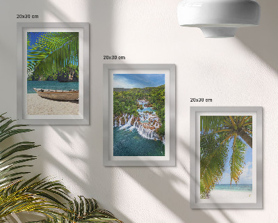 Framed triptych Beach with boat, waterfalls and palm trees in the tropics