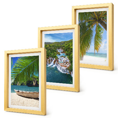 Framed triptych Beach with boat, waterfalls and palm trees in the tropics
