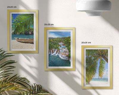 Framed triptych Beach with boat, waterfalls and palm trees in the tropics